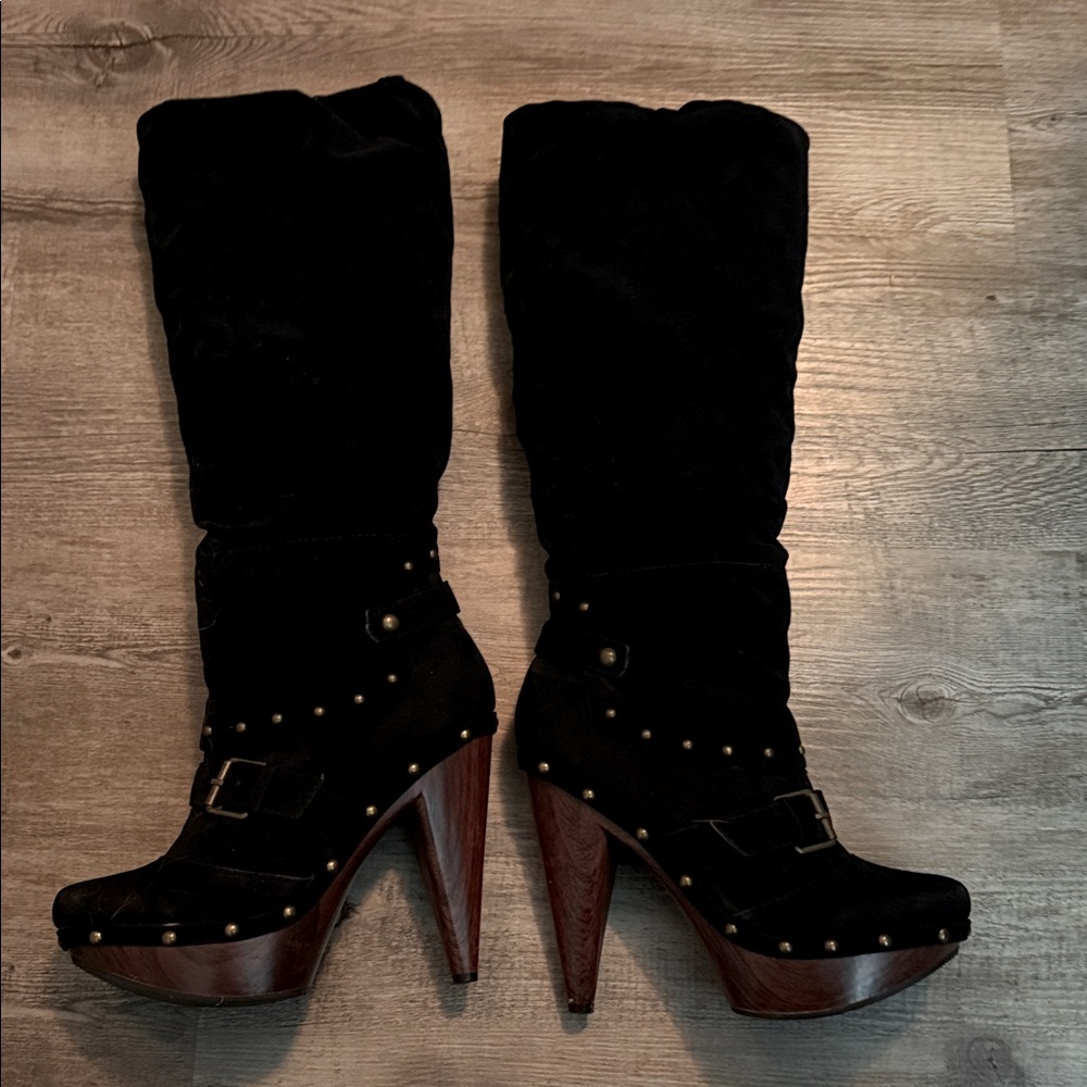 Farenheit Black Studded Suede ish Knee-High Boots